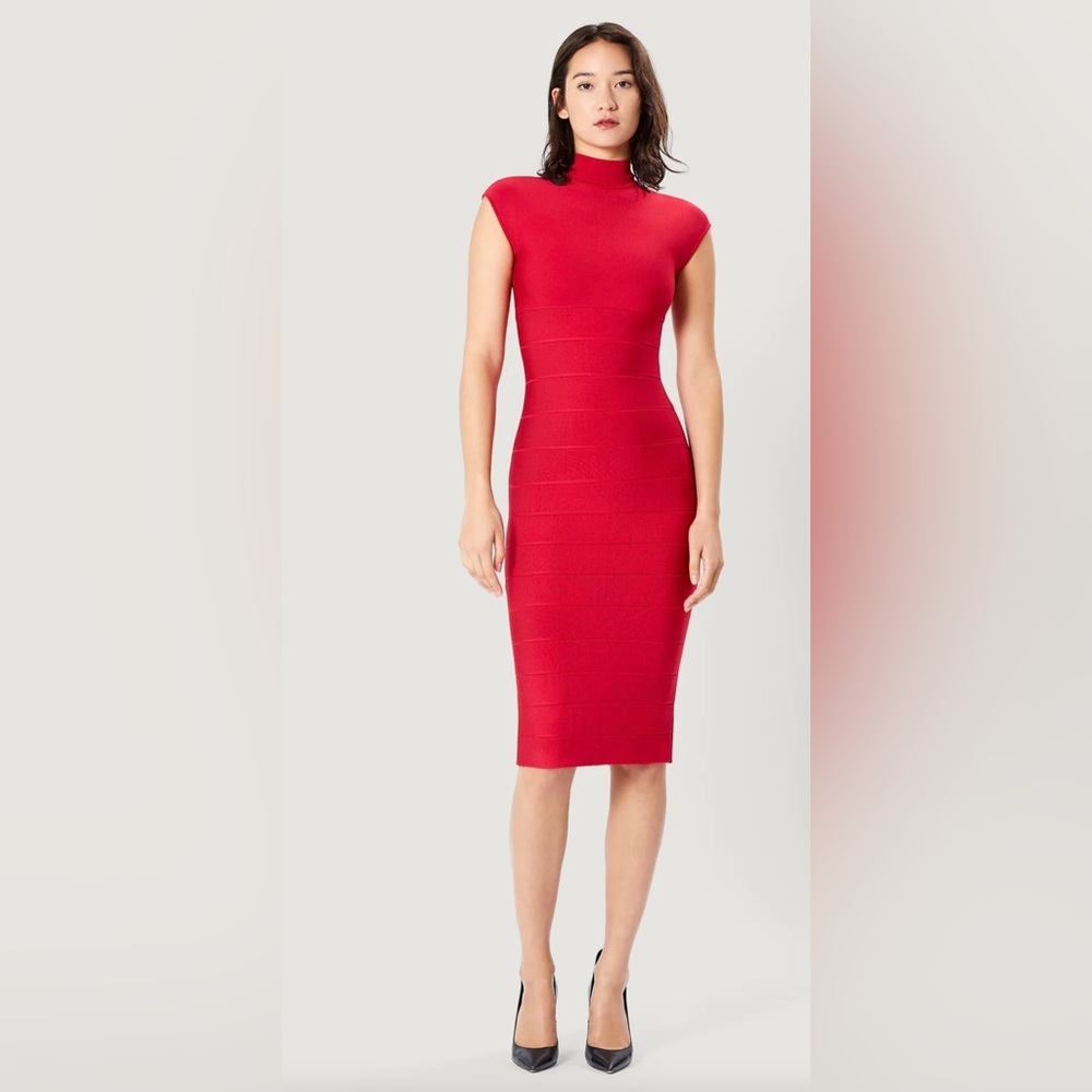 HERVE LEGER ICON CAP SLEEVE MIDI DRESS